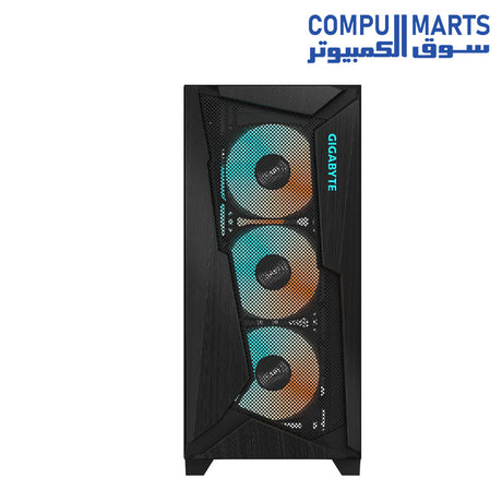GIGABYTE C301 Glass mid-tower gaming PC case with tempered glass side panel, USB Type-C front I/O, and 4 pre-installed ARGB fans for optimized airflow and stylish builds.