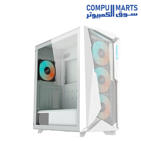 GIGABYTE C301 Glass mid-tower gaming PC case with tempered glass side panel, USB Type-C front I/O, and 4 pre-installed ARGB fans for optimized airflow and stylish builds.