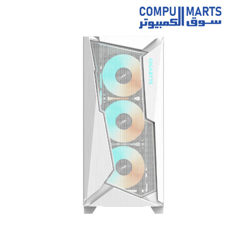 GIGABYTE C301 Glass mid-tower gaming PC case with tempered glass side panel, USB Type-C front I/O, and 4 pre-installed ARGB fans for optimized airflow and stylish builds.