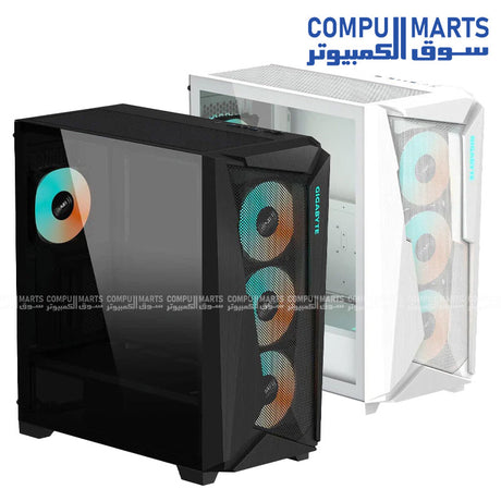 GIGABYTE C301 Glass mid-tower gaming PC case with tempered glass side panel, USB Type-C front I/O, and 4 pre-installed ARGB fans for optimized airflow and stylish builds.