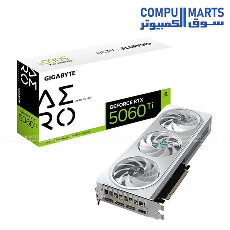 GIGABYTE GeForce RTX 5060 Ti AERO OC 16GB blower-style single‑fan graphics card on white background