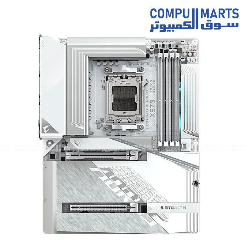 GIGABYTE X870 AORUS STEALTH ICE – White AM5 motherboard – DDR5 OC 8200+ MT/s – PCIe 5.0 x16 – Wi‑Fi 7 & 5 GbE LAN – 4× M.2 SSD slots