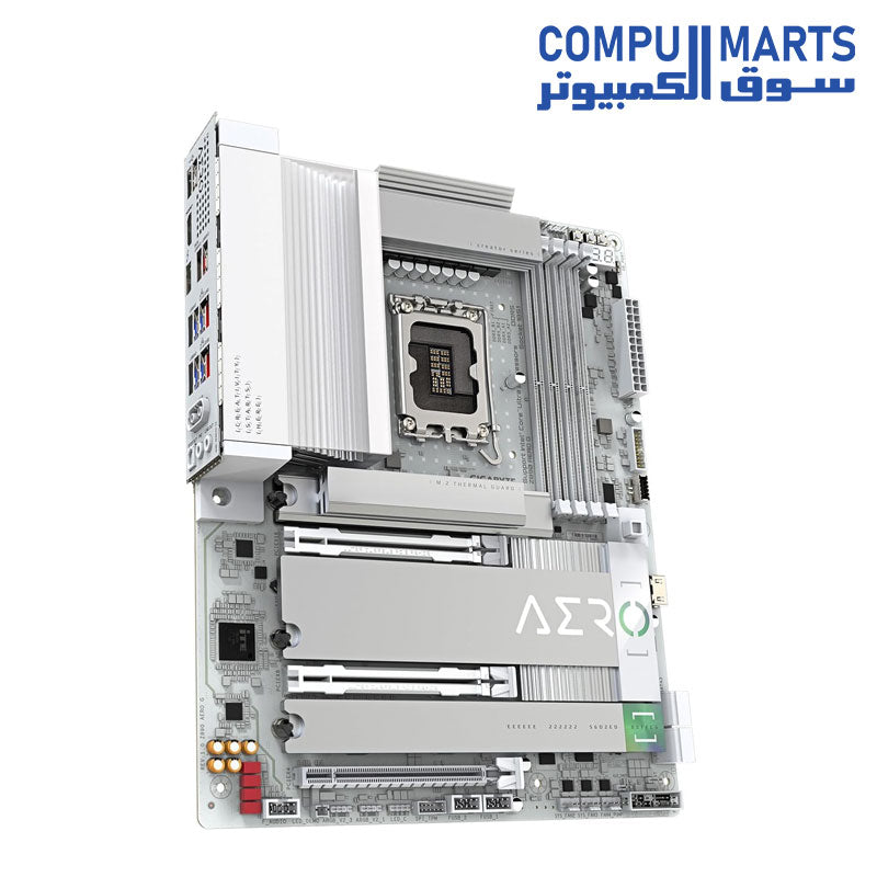 جيجابايت Z890 AERO G، مقبس Intel LGA 1851، حجم ATX، 4 فتحات DDR5، 5 منافذ M.2، PCIe 5.0، واي فاي 7، منفذا LAN بسرعة 2.5 جيجابت، لوحة أم