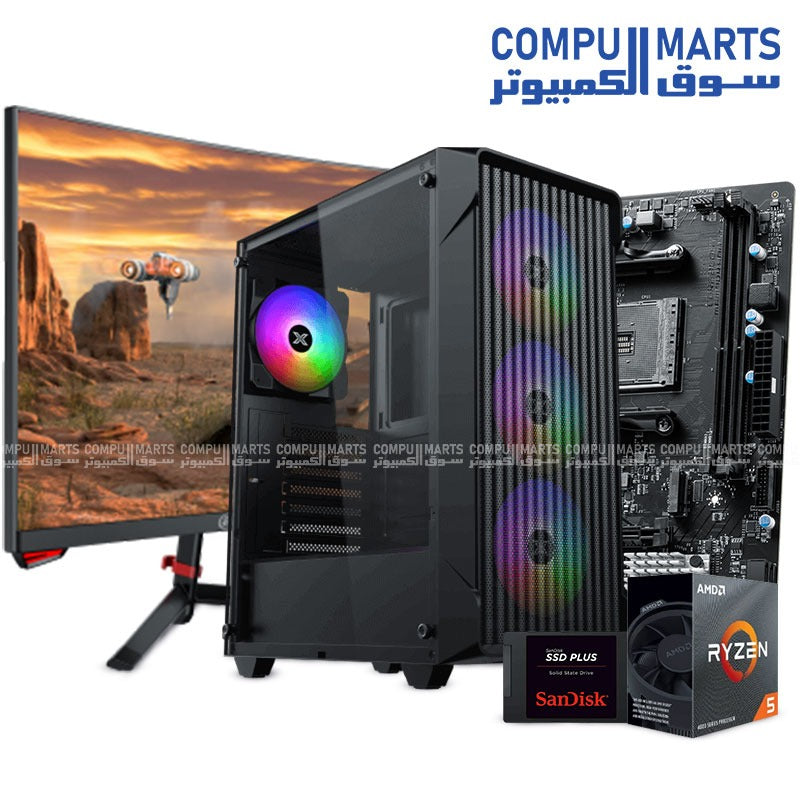 "Gaming PC Build with AMD Ryzen 5 5650G, 16GB RAM, 240GB SSD, MSI B450M-A PRO MAX II, Xigmatek Sky Wave Case, and Dahua 24-inch 180Hz Curved Monitor – Egypt"