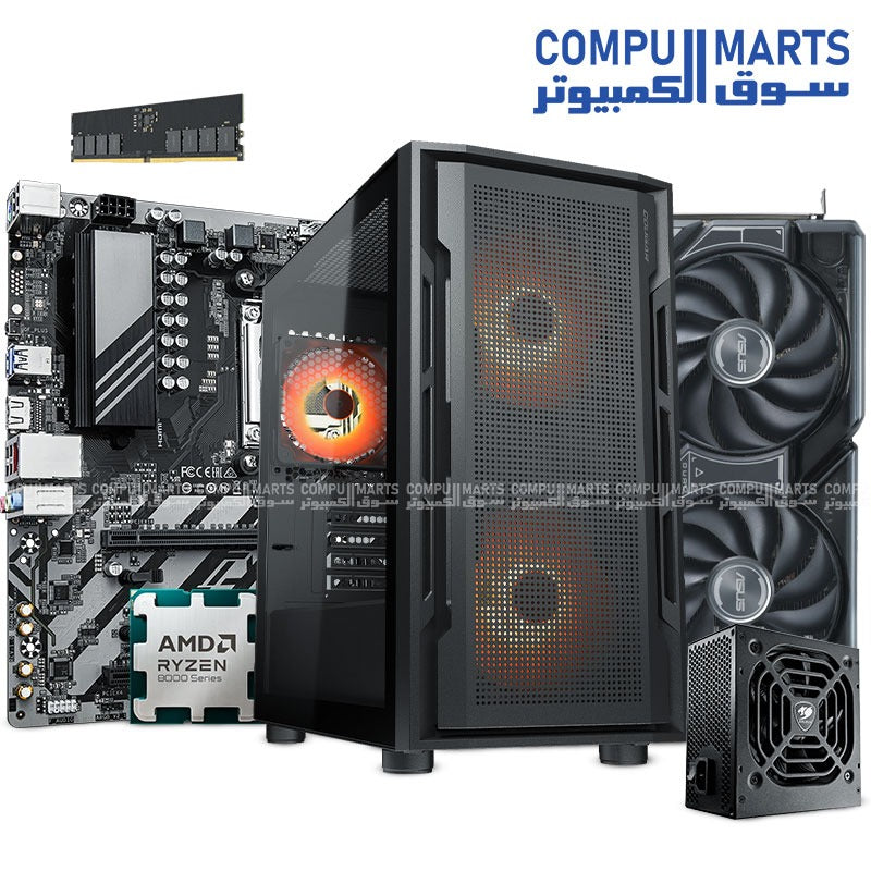 "Gaming PC Build with AMD Ryzen 5 8400F, ASUS RTX 4060 8GB OC, 16GB DDR5 RAM, 500GB NVMe SSD, Gigabyte B840M D2H Motherboard, and Cougar Uniface Mini RGB Case – Egypt"