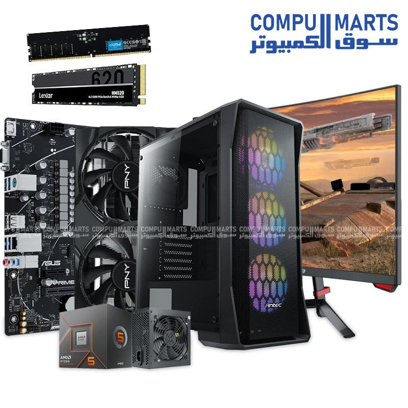 Gaming PC Bundle – Ryzen 5 8400F, RTX 5060 8GB, ASUS A620M-K, 16GB DDR5, 256GB NVMe, Antec NX360 + 450W PSU, Dahua 24” 180Hz Monitor
