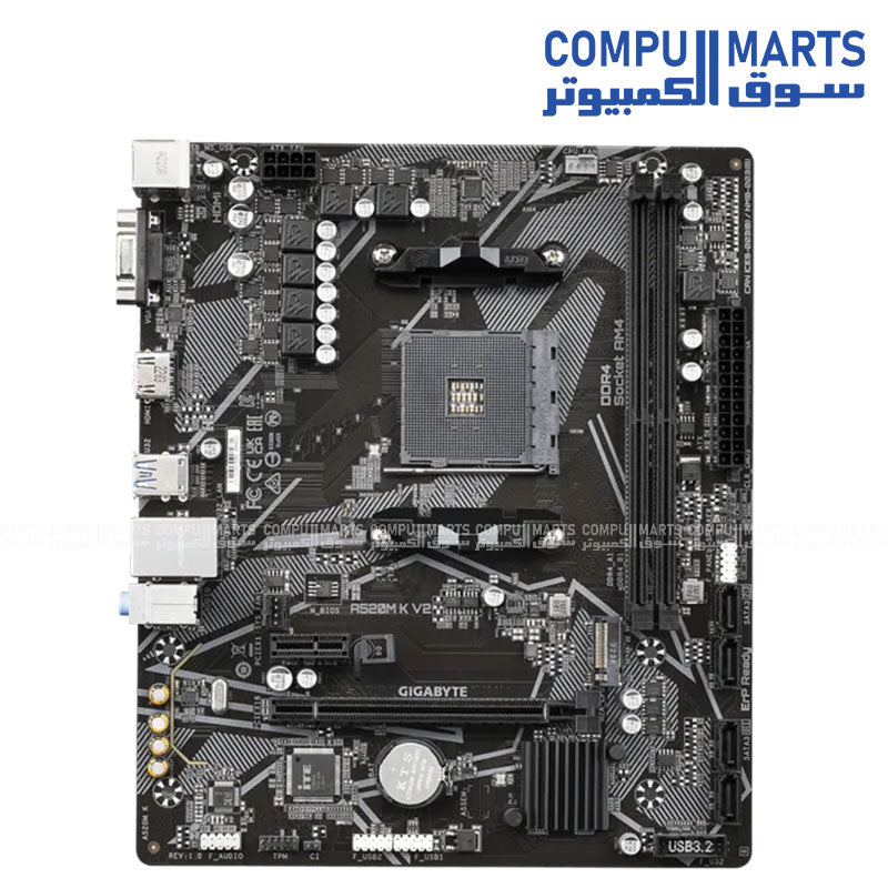 AMD A520 motherboard with dual DDR4 DIMM slots supporting up to 64GB memory and PCIe 3.0 expansion support available in Egypt