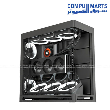 HAVN HS 420 VGPU mid‑tower PC case in white, vertical GPU mount, dual‑chamber airflow, UniSheet curved tempered glass, SimpliCable cable management – Egypt.