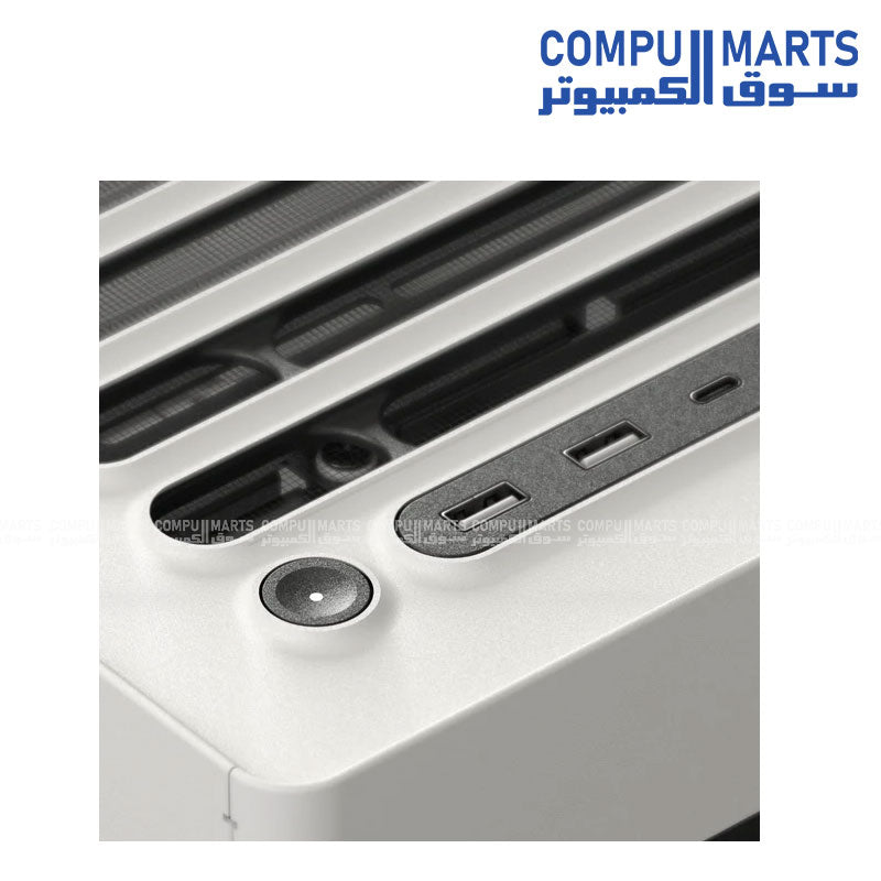 HAVN HS 420 VGPU mid‑tower PC case in white, vertical GPU mount, dual‑chamber airflow, UniSheet curved tempered glass, SimpliCable cable management – Egypt.