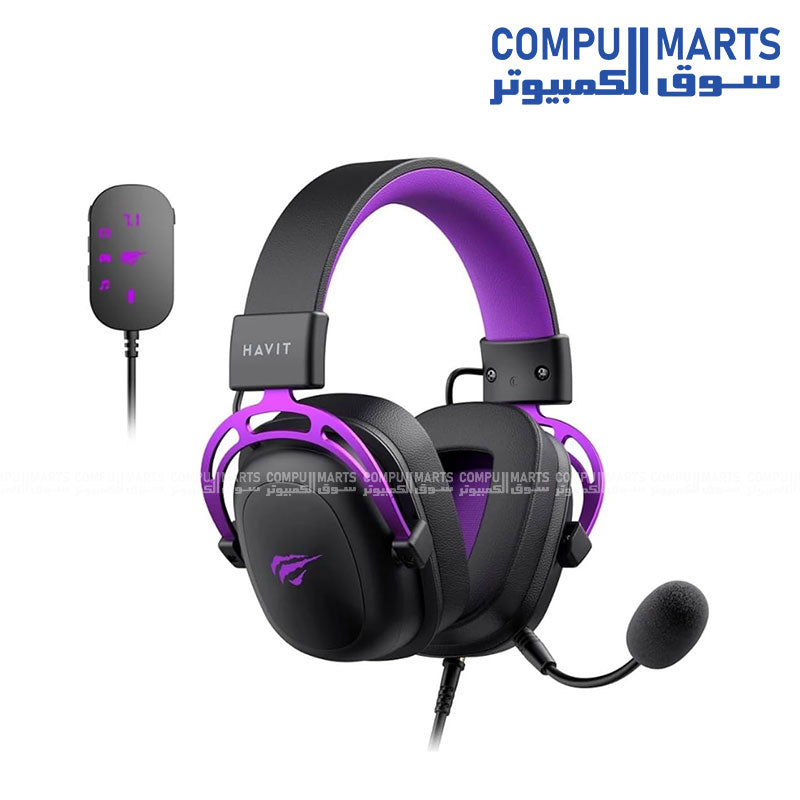 Havit H2002C+U Gaming Headset with Virtual 7.1 Surround Sound, 53mm drivers, detachable noise-canceling microphone, USB and 3.5mm connectivity in Black & Purple available in Egypt