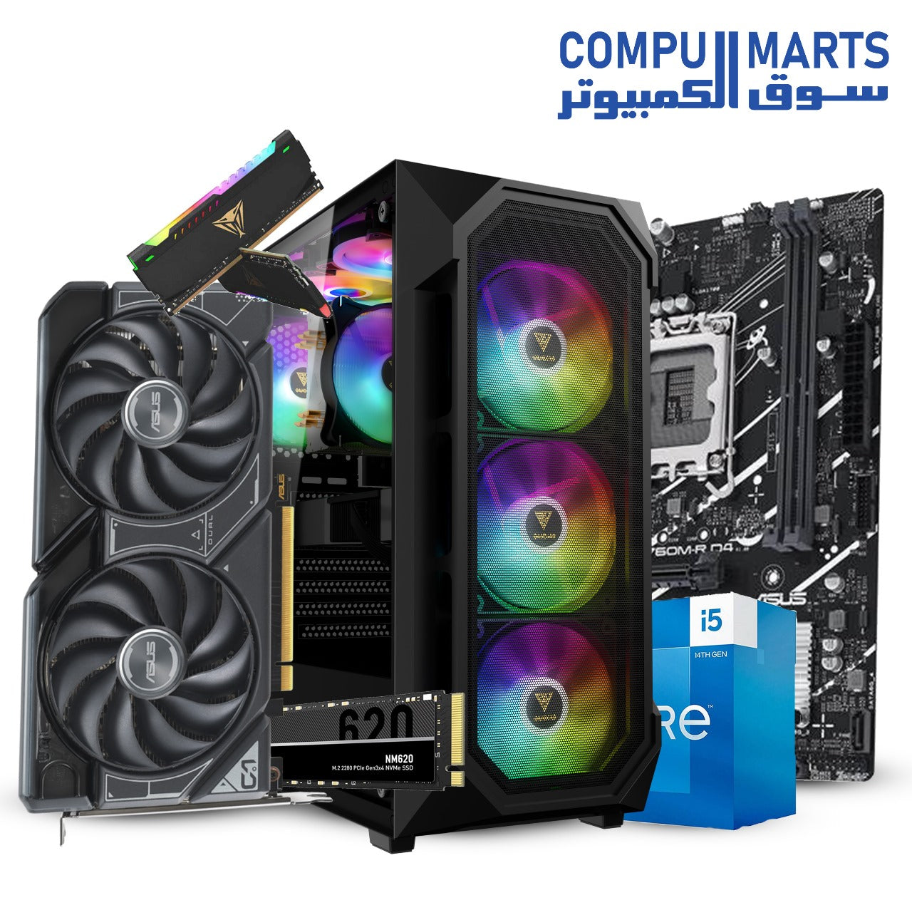 Intel Core i5-14400F / i5-12400F Processor + ASUS PRIME B760M-R Motherboard + PATRIOT Viper Steel RGB DDR4 3200MHz RAM + ASUS Dual GeForce RTX 4060 EVO OC Edition 8GB GPU + Lexar NM620 M.2 2280 NVMe SSD + GAMDIAS AURA GC1 Elite ARGB Case + AURA GP600 PSU – Mid-Range Gaming & Productivity PC Build – Egypt