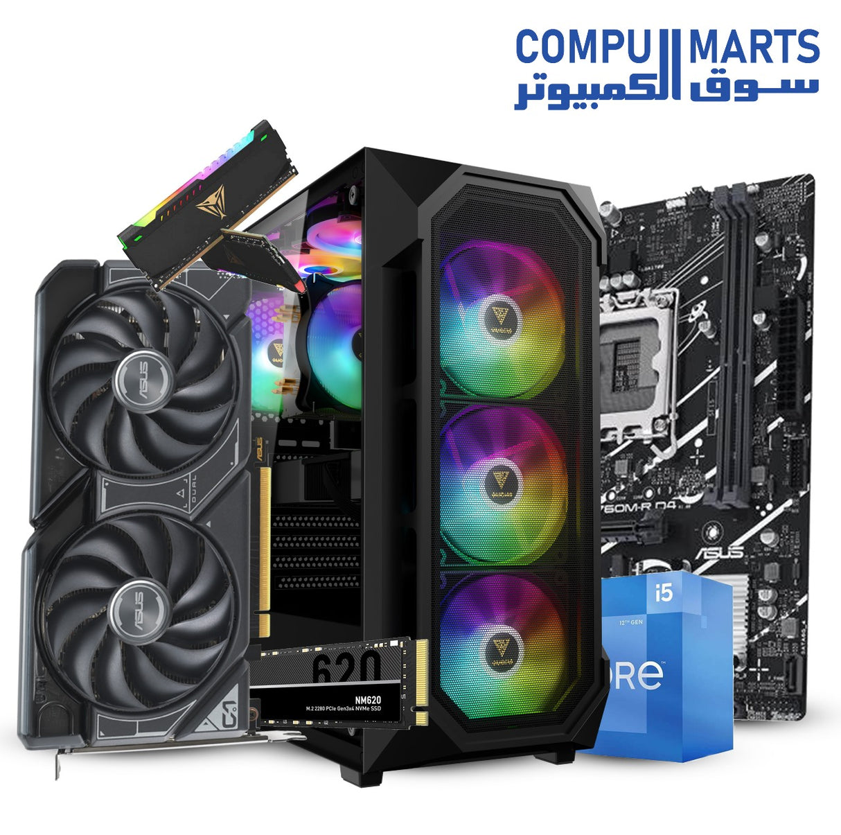Intel Core i5-14400F / i5-12400F Processor + ASUS PRIME B760M-R Motherboard + PATRIOT Viper Steel RGB DDR4 3200MHz RAM + ASUS Dual GeForce RTX 4060 EVO OC Edition 8GB GPU + Lexar NM620 M.2 2280 NVMe SSD + GAMDIAS AURA GC1 Elite ARGB Case + AURA GP600 PSU – Mid-Range Gaming & Productivity PC Build – Egypt