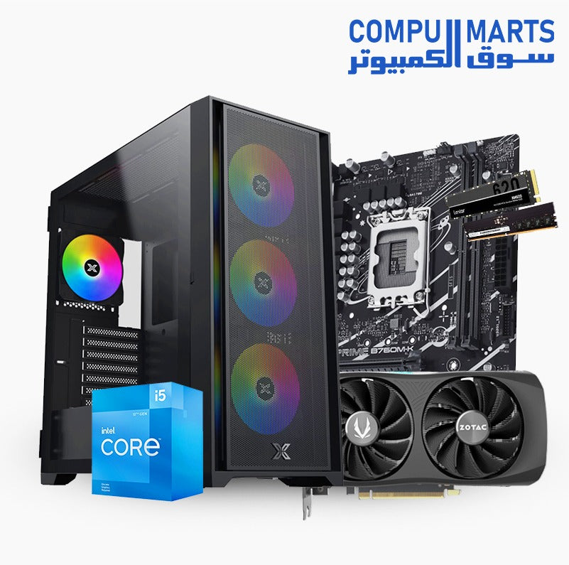 Intel Core i5-12400F Processor + ASUS Prime B760M-K Motherboard + ZOTAC Gaming GeForce RTX 4060 GPU + Lexar NM620 2280 M.2 NVMe SSD + TEAMGROUP ELITE DDR5 16GB 4800MHz CL40 RAM + XIGMATEK MASTER X II Case – Mid-Range Gaming PC Bundle – Egypt