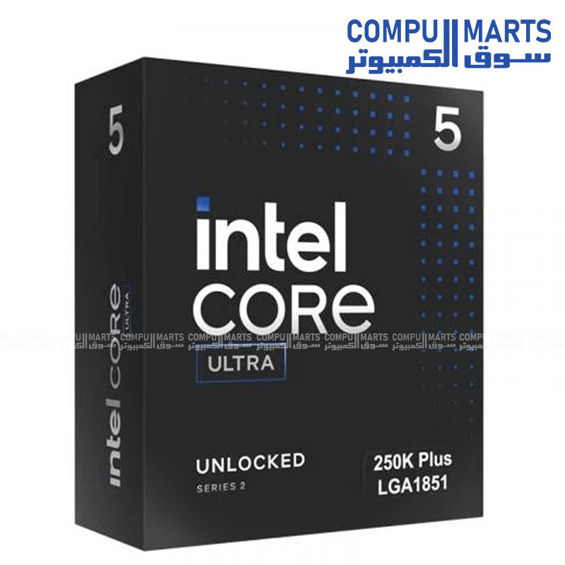 Intel Core Ultra 5 250K Plus CPU with up to 256GB DDR5 memory support, 24 PCIe lanes, AV1 encode decode support, and integrated graphics available through Compumarts Egypt