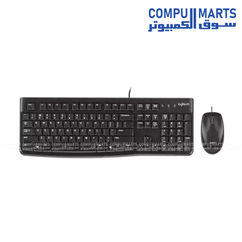 Logitech MK120 Corded Keyboard and Mouse Combo overview showing the black full size keyboard and optical mouse available at Compumarts Egypt