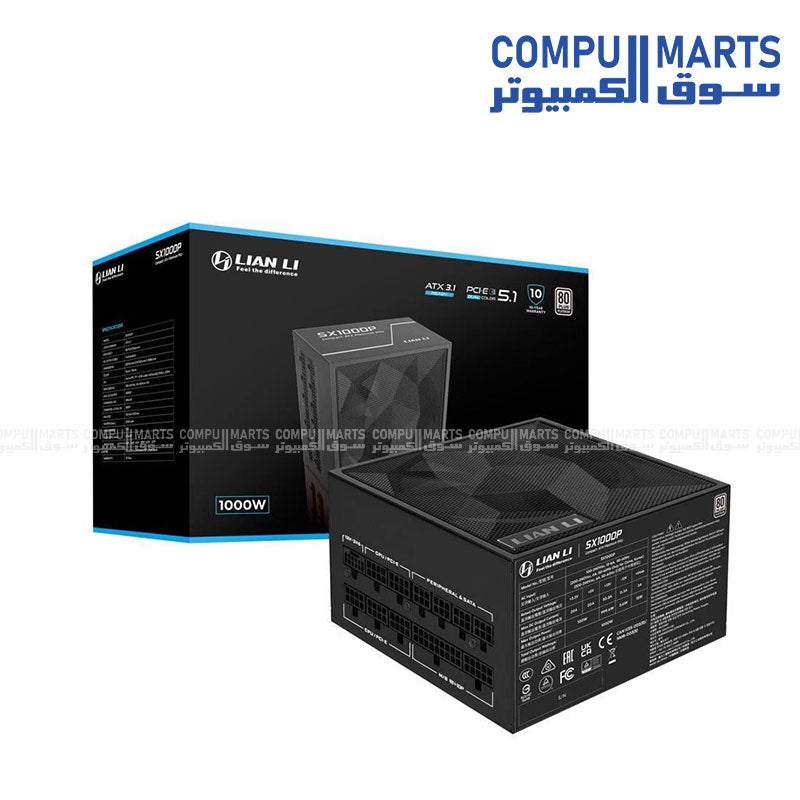 Lian Li SX1000P Platinum Compact ATX Form Factor 1000W Power Supply with full modular design, ATX 3.1 support, PCIe 5.1 readiness, 12V-2x6 cable, and 140mm fan