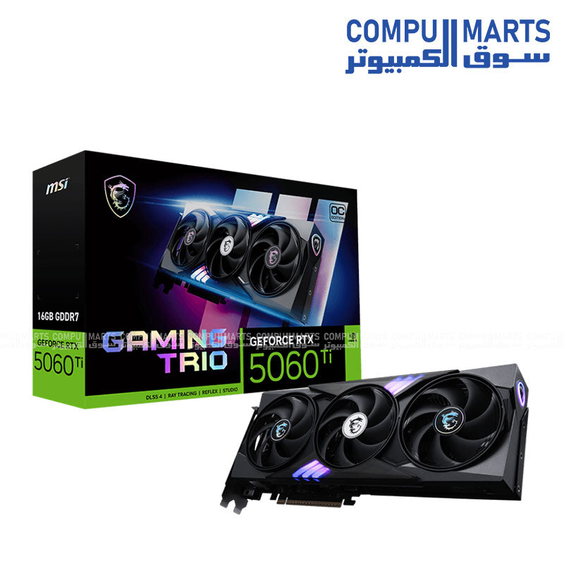 MSI GeForce RTX 5060 Ti GAMING TRIO OC 16GB graphics card with triple-fan cooling in black design.