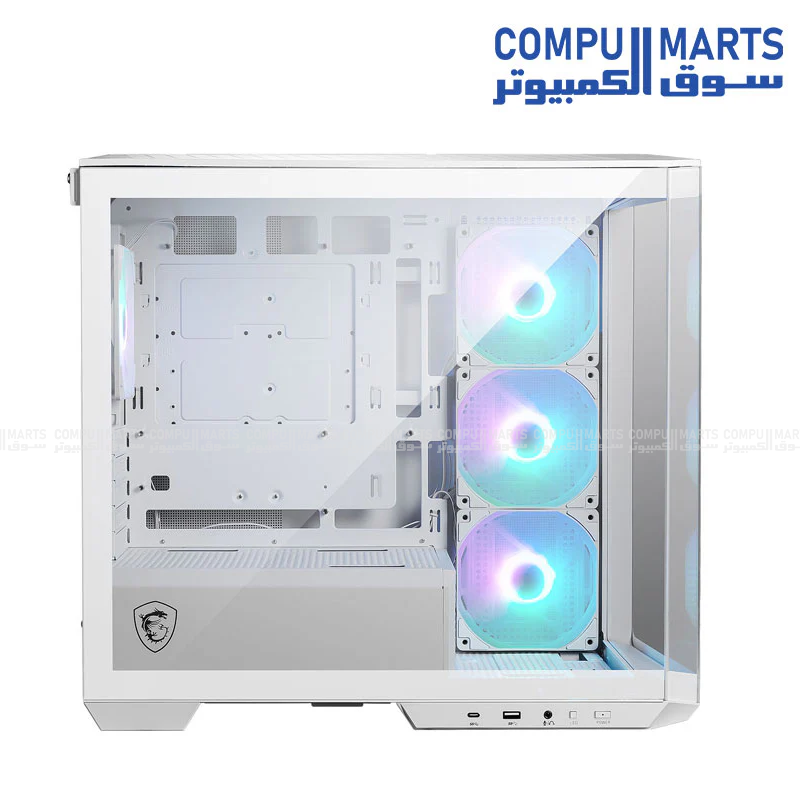 MSI Micro-ATX computer case featuring a 270-degree panoramic display, ARGB fan control board, and USB Type-C connectivity available from Compumarts.