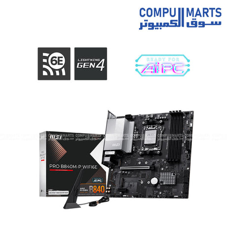 MSI PRO B840M-P WIFI6E Motherboard, AMD B840 chipset, AM5 socket, DDR5 support, PCIe 4.0, 2.5G LAN, Wi-Fi 6E, HDMI 2.1, Micro ATX motherboard