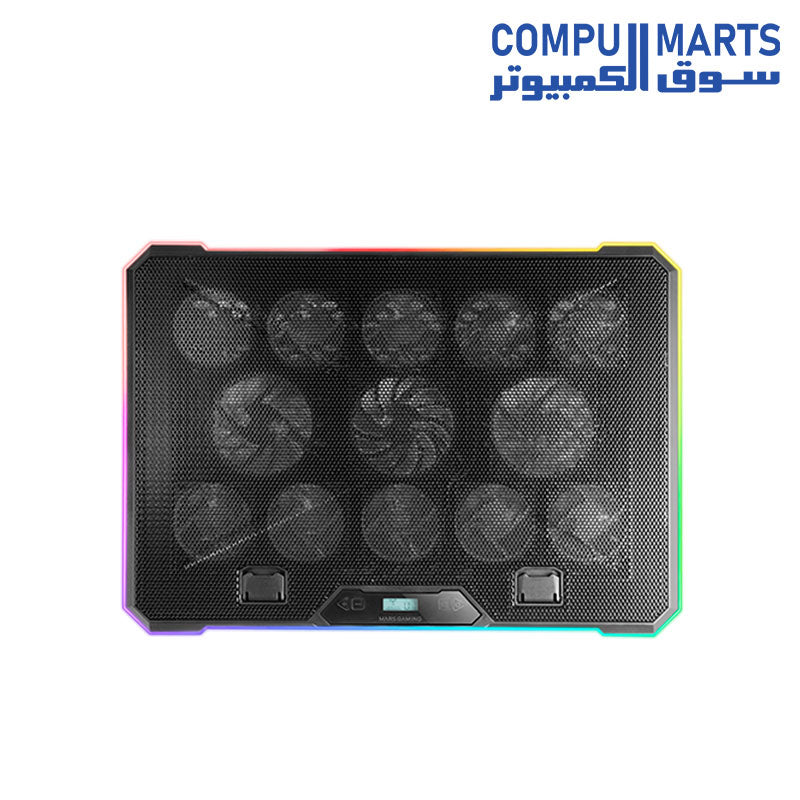 حامل كمبيوتر محمول وقاعدة تبريد Mars Gaming MNBC13 لأجهزة الكمبيوتر المحمولة حتى 17 بوصة، إضاءة ARGB 10 أوضاع، 13 مروحة