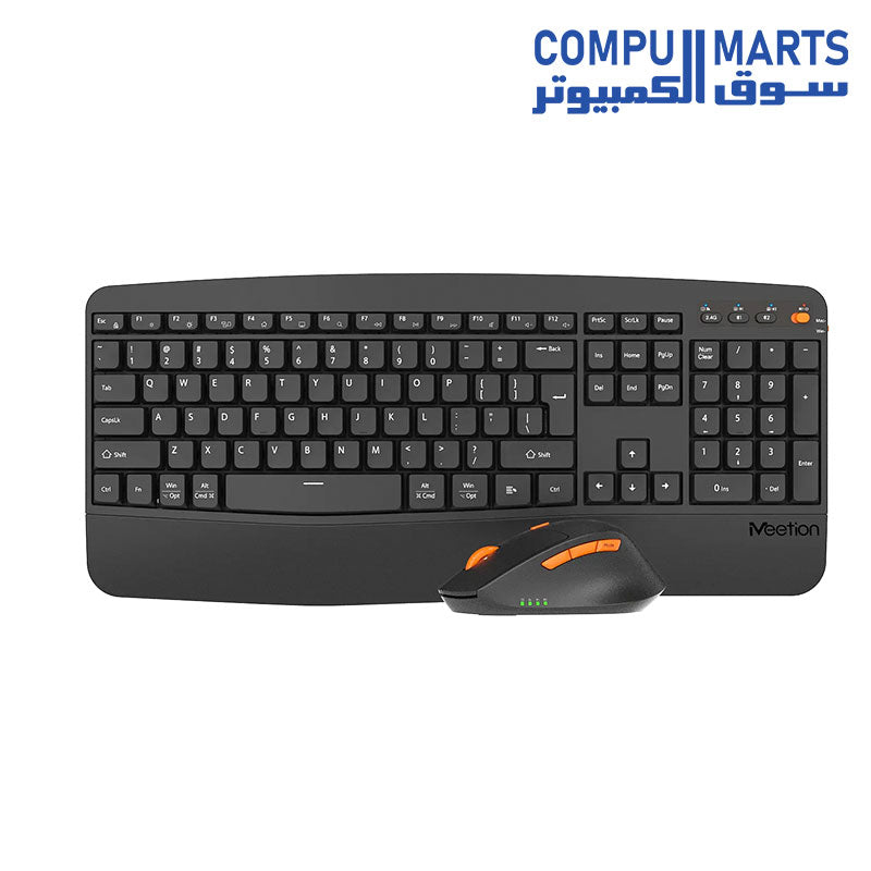 Top view of the Meetion Director A2 wave-shaped ergonomic wireless keyboard showing Arabic layout keys