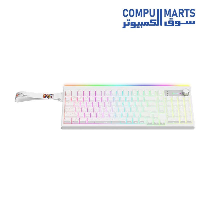 Close-up of Meetion VibeKey B98 wireless gaming keyboard displaying RGB colorful backlight and connection method options