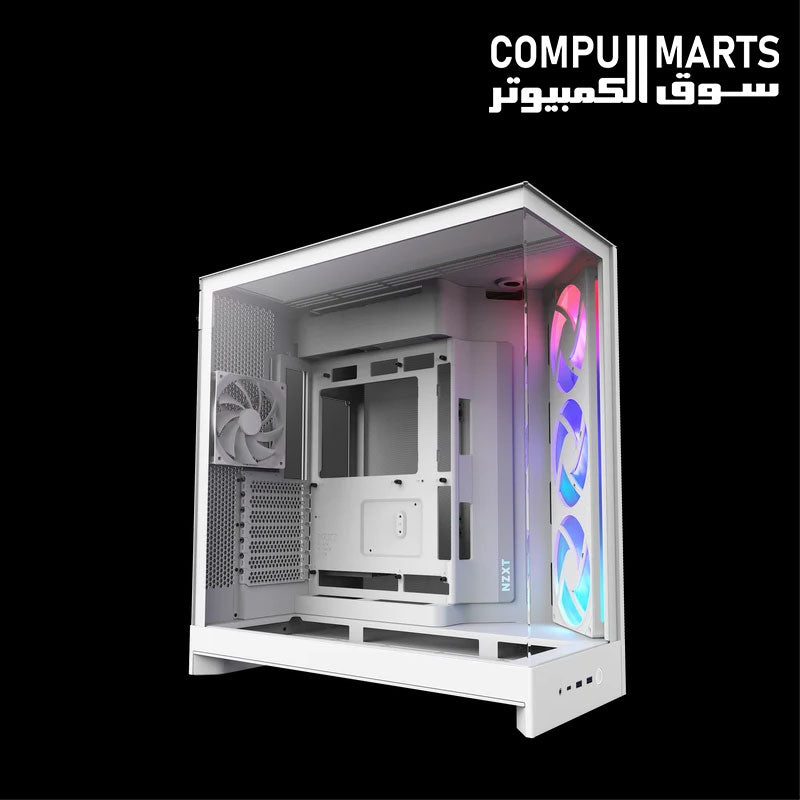 NZXT H9 Flow RGB white gaming PC case with panoramic tempered glass design.
