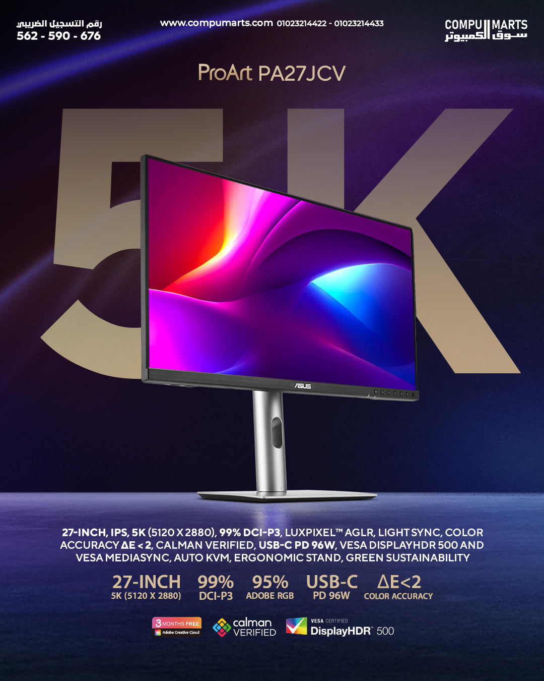 ASUS ProArt Display PA27JCV 27-inch 5K IPS Professional Monitor with HDR10 and USB-C