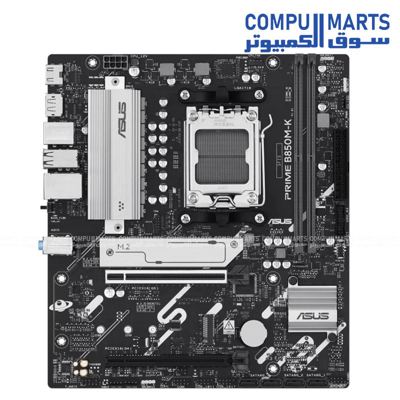 "ASUS PRIME B850M-K Micro-ATX Motherboard with AMD B850 chipset, DDR5 support, PCIe 5.0, dual M.2, and Aura Sync RGB"