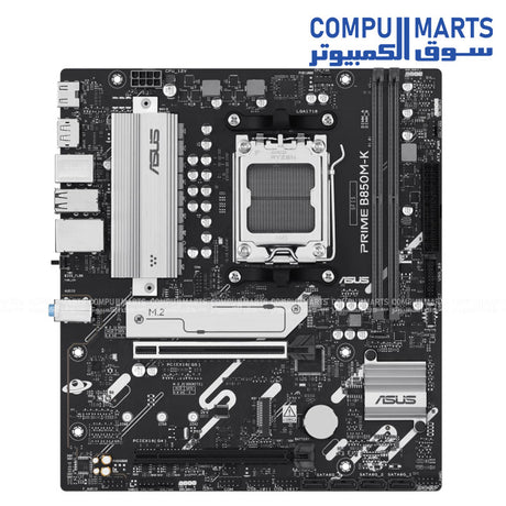 "ASUS PRIME B850M-K Micro-ATX Motherboard with AMD B850 chipset, DDR5 support, PCIe 5.0, dual M.2, and Aura Sync RGB"