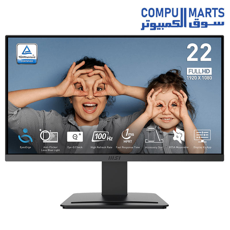 MSI PRO MP223 E2, 22-inch VA 1920 x 1080 (FHD) Computer Monitor, 100Hz, Adaptive-Sync, HDMI, Video Port, Display Port, VESA Mountable, Tilt, 1ms