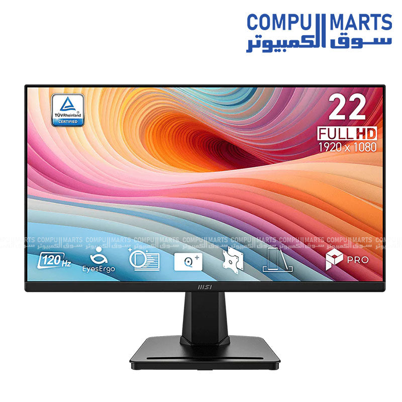 MSI PRO MP225 E12VL 120Hz FHD monitor with 21.45 inch VA panel, 1920 x 1080 resolution, Adaptive-Sync support and HDMI connectivity
