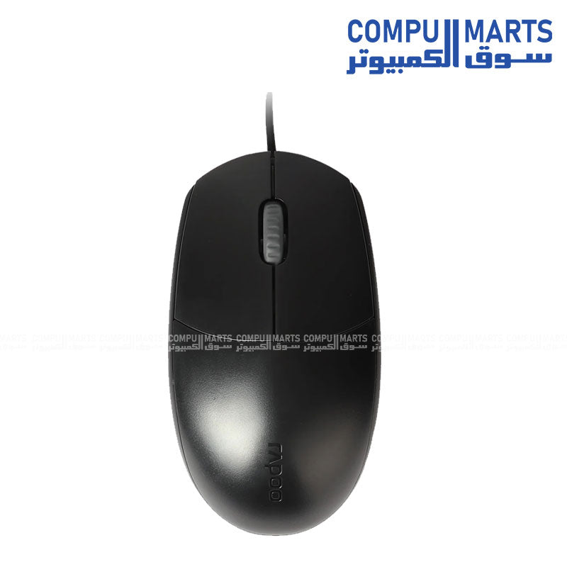 Rapoo N100 black USB wired mouse on white background – ergonomic design