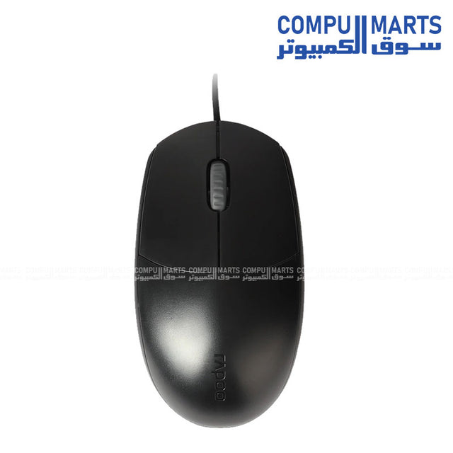 Rapoo N100 black USB wired mouse on white background – ergonomic design