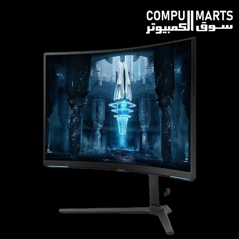 Samsung LS32BG850NMXUE monitor with DisplayPort 1.4, HDMI 2.1, USB Hub, and ergonomic adjustable stand