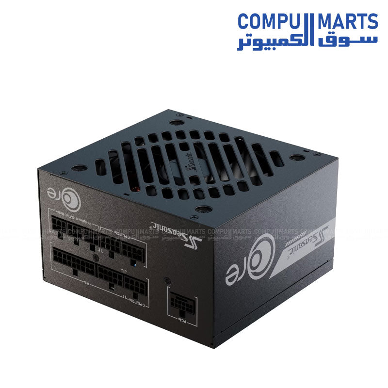 Fully modular Seasonic power supply featuring 850W total continuous power, individual black braided cables, and smart silent fan control available at Compumarts