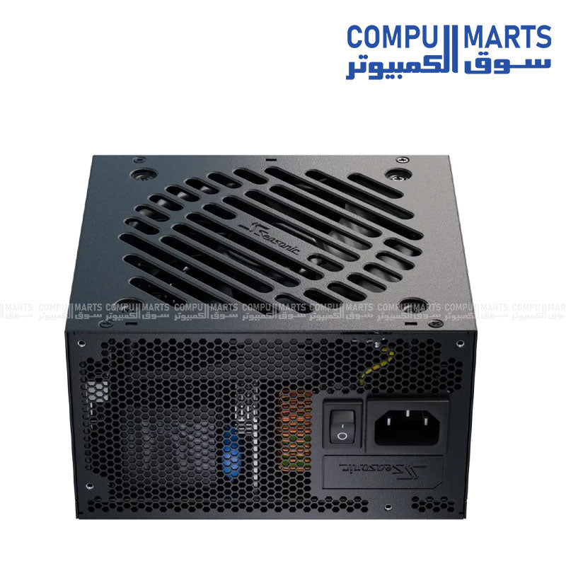 Fully modular Seasonic power supply featuring 850W total continuous power, individual black braided cables, and smart silent fan control available at Compumarts