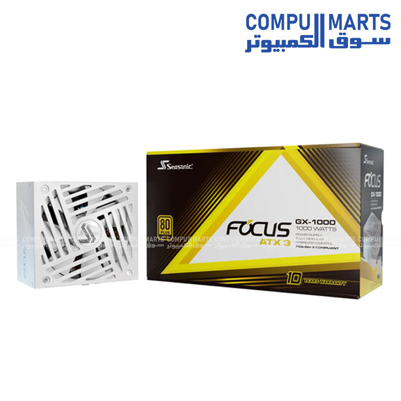 Seasonic Focus GX-1000 ATX 3.1 1000W power supply designed for high-efficiency gaming and workstation PC builds with stable power delivery and modern ATX 3.1 support