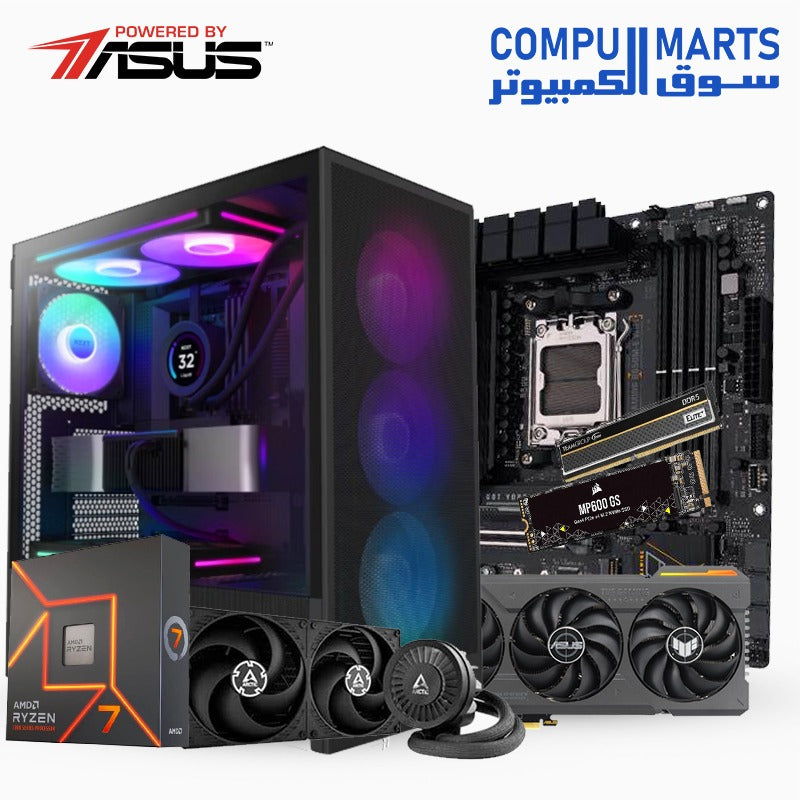 TUF BLACK EDITION Gaming PC – AMD Ryzen 7 9700X + RTX 4070 Ti SUPER 16GB or RTX 4070 SUPER 12GB + 32GB DDR5 6000MHz RAM + 1TB PCIe 4.0 NVMe SSD + B650M WiFi Motherboard + NZXT H5 Flow RGB Case + Arctic Liquid Freezer III 280 AIO + 850W 80+ Gold PSU – High-End Gaming & Streaming Build – Egypt