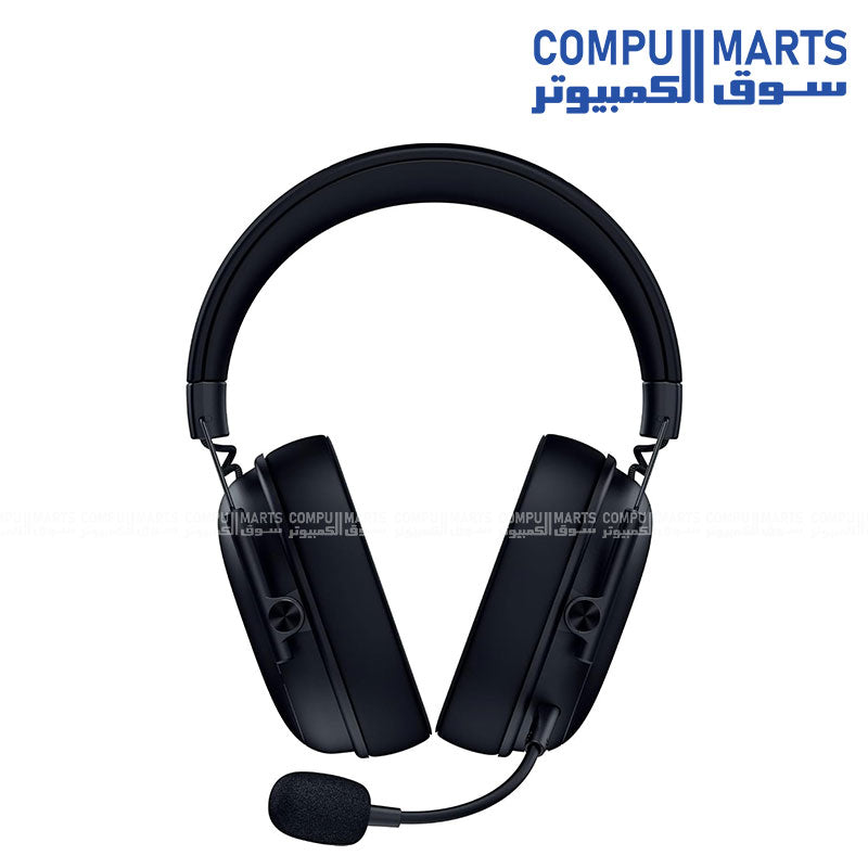 Black gaming headset profile displaying the built-in noise cancellation tech by Razer.