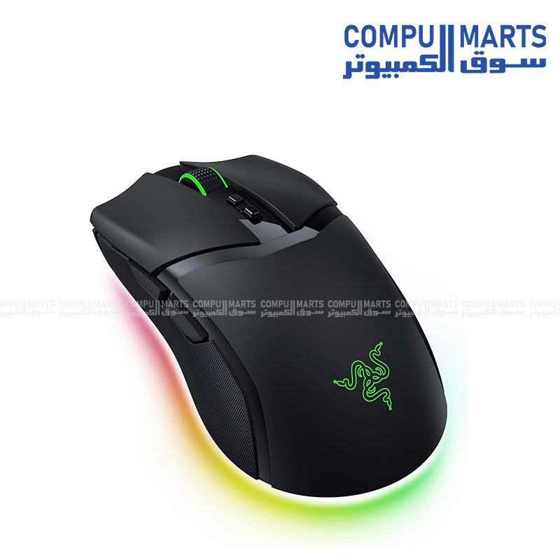 Black Razer Cobra Pro mouse showcasing its 8 programmable buttons and scroll wheel.
