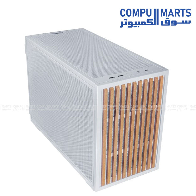 Lian Li DAN B4 Wood micro-ATX gaming case front profile showing top panel fans