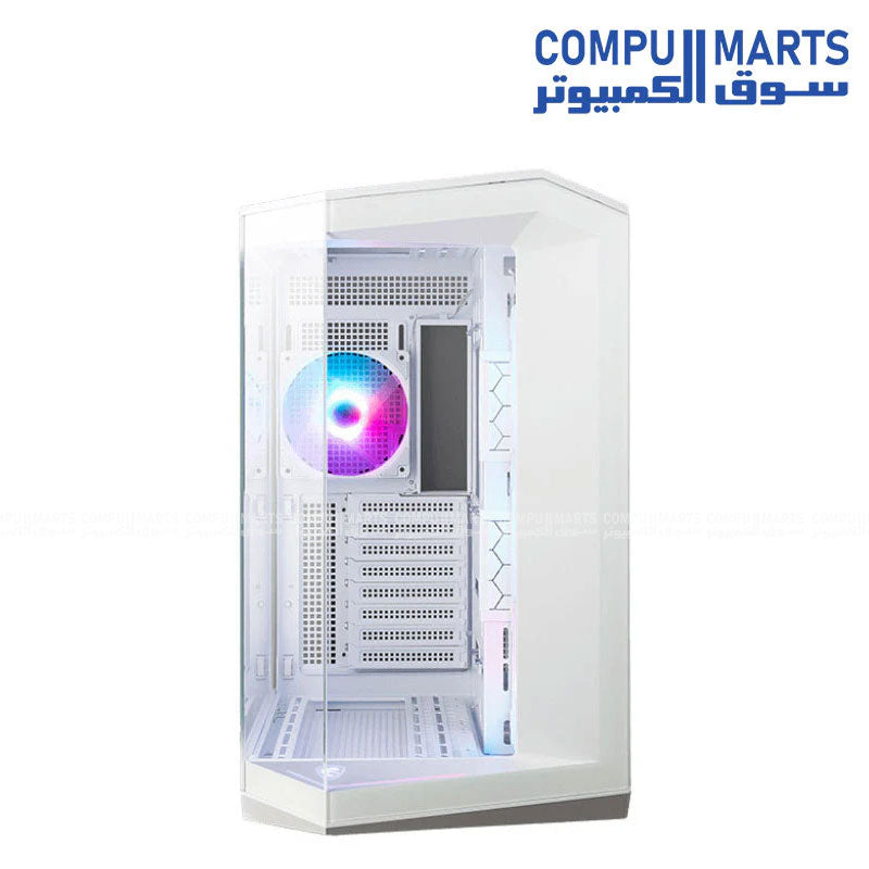 Premium Mid Tower PC case featuring four pre-installed 120mm ARGB fans, multiple radiator mounting support, and Compumarts availability