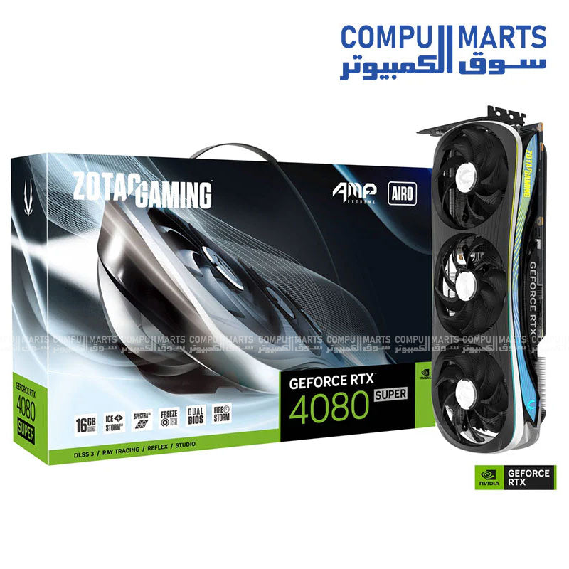 ZOTAC GeForce RTX 4080 SUPER AMP 16GB GDDR6X graphics card with 256-bit memory bus, 23 Gbps memory clock, PCIe 4.0 x16 interface, DLSS 3, IceStorm 2.0 Advanced Cooling, and Spectra RGB Lighting available in Egypt