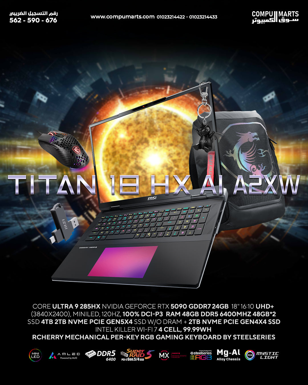MSI Titan 18 HX Intel Core Ultra 9 285HX 2.1GHz  NVIDIA GeForce RTX 5090 24GB GDDR7; 64GB DDR5-6400 RAM; 2TB Gen5+2TB Gen4