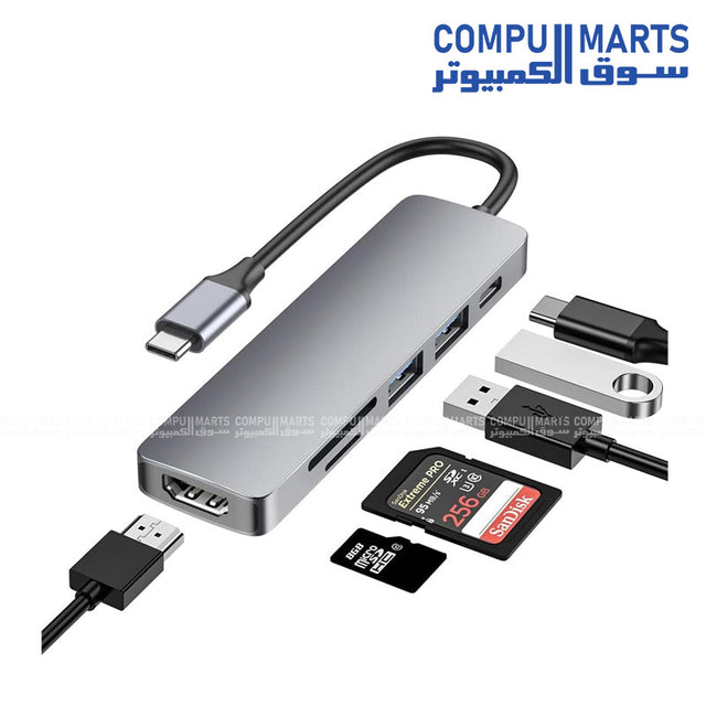 USB-C Hub 6-in-1 Multiport Adapter with 4K HDMI, PD Charging, 2 USB 3.0 Ports, SD and TF Card Reader – Compact USB-C Dongle for Laptops and Tablets