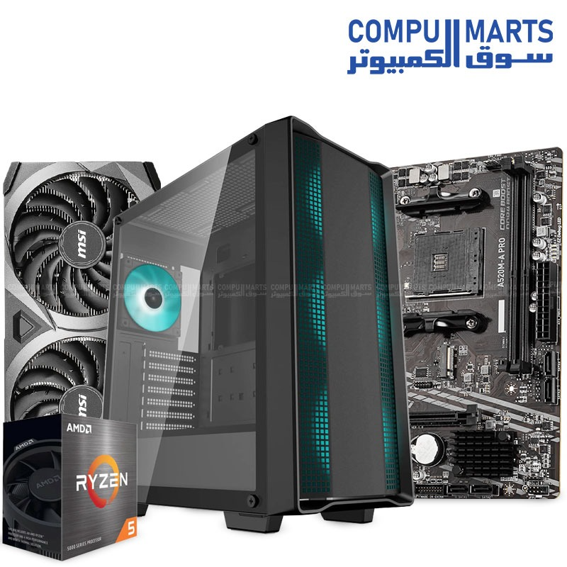Ryzen 5 4500 + MSI GeForce RTX 3060 12GB VENTUS Bundle – 16GB DDR4 3200MHz RAM + 240GB SSD + A520M Motherboard + 600W PSU + Xander Case – Budget Gaming PC Build – Egypt