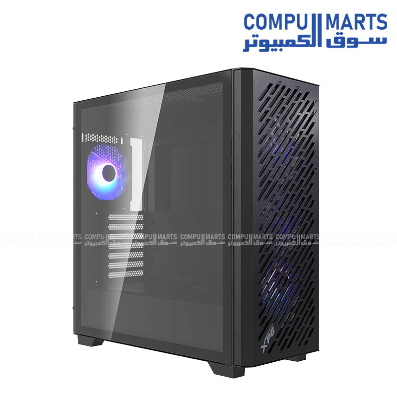 XPG Valor Air Pro mid tower gaming PC case with tempered glass panel and four ARGB cooling fans