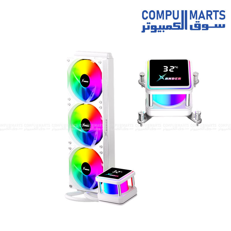 XANDER Waterwheel Digital 360 Black - White | AIO Liquid CPU Cooler with LCD Pump Head & 3×120mm ARGB PWM Fans egypt