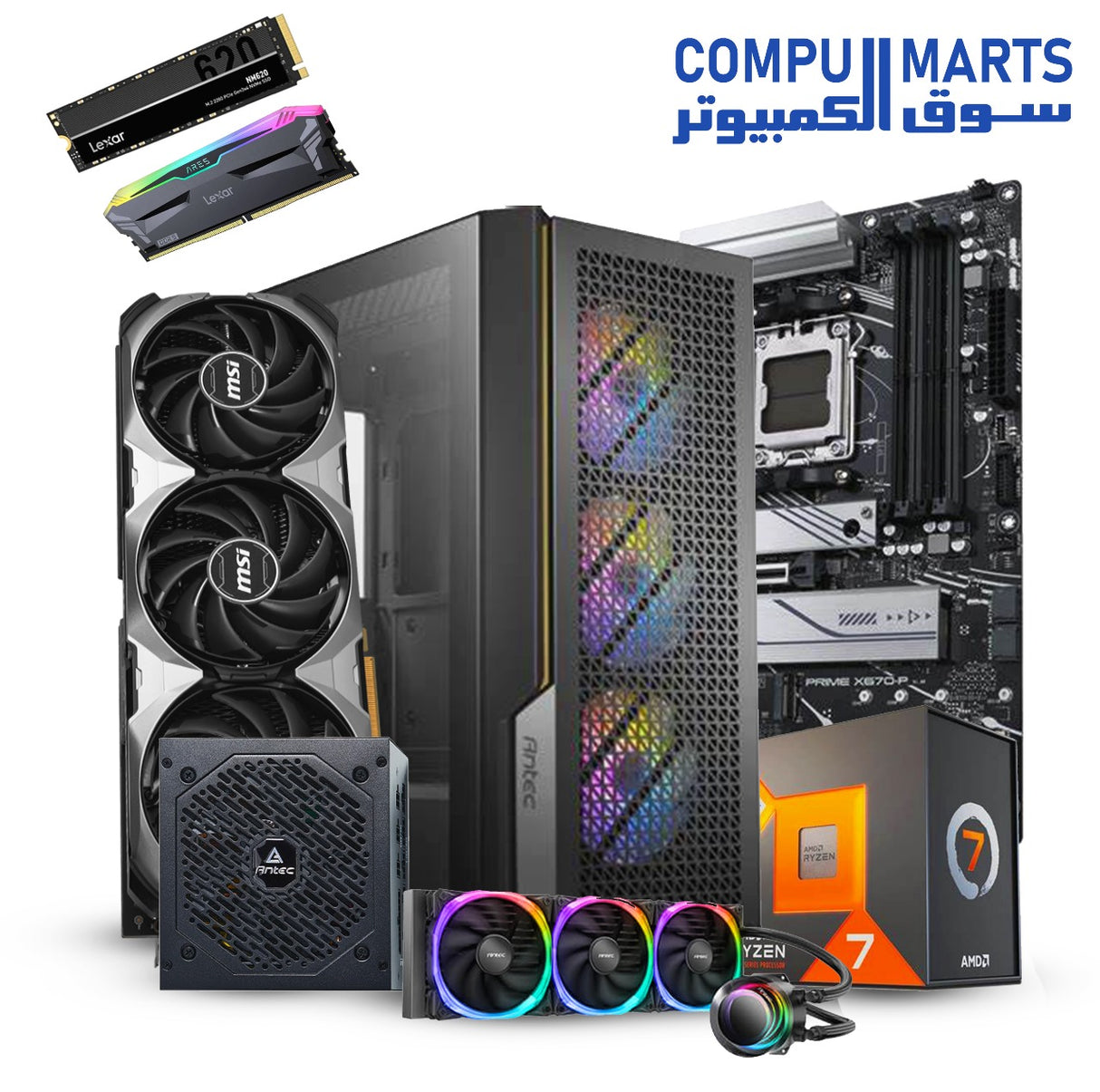 AMD Ryzen 7 7800X3D-MSI GeForce RTX 4070 Ti-ASUS PRIME X670-P-Lexar Ares RGB 32GB (16GB x 2) DDR5 6000MHz-Antec Performance Series P20C Mid-Tower E-ATX-Antec NeoECO NE850 850W 80+ Gold-exar NM620 M.2 -Cooling-Liquid-Antec-Vortex 360MM-ARGB-bundle